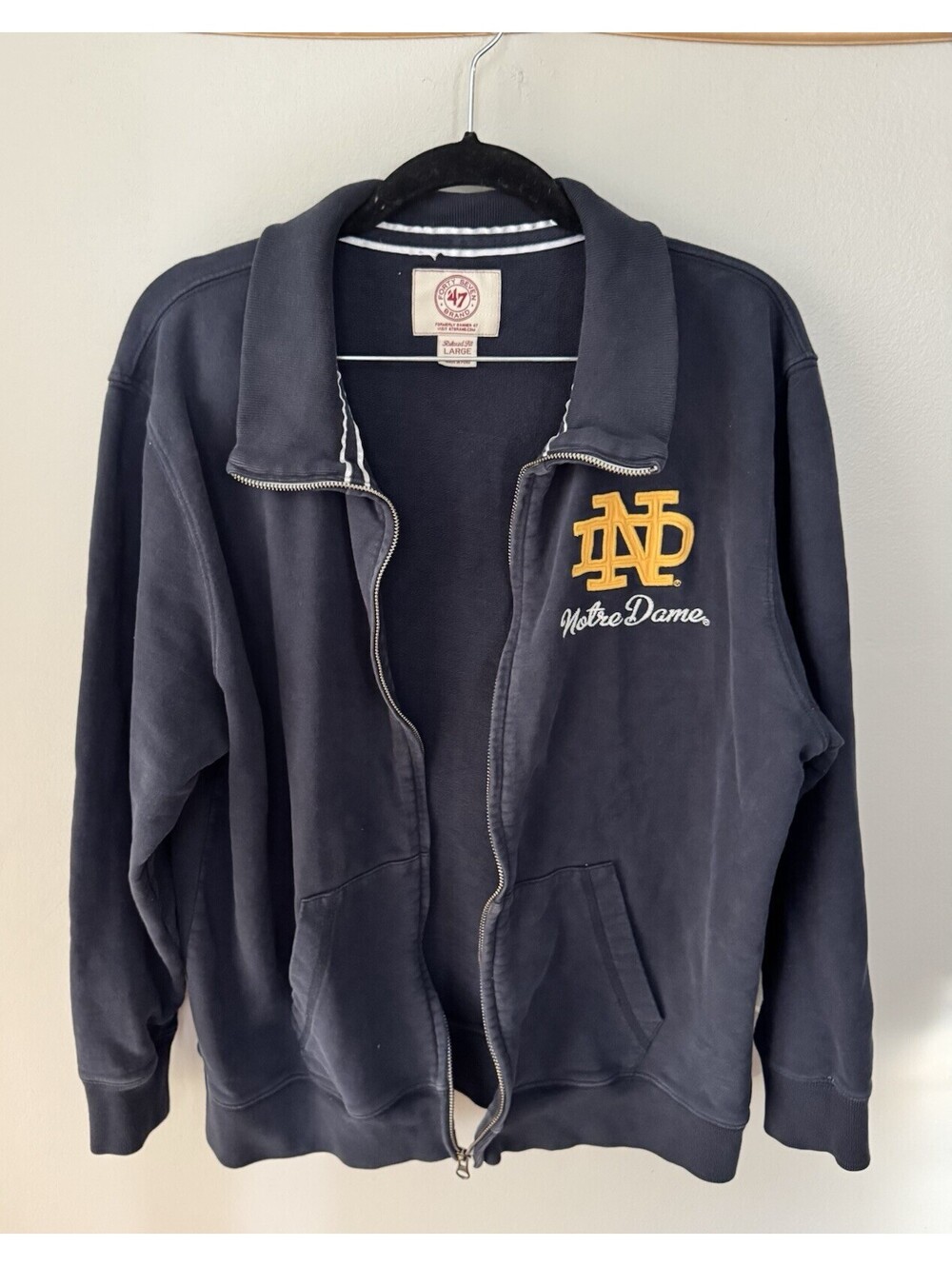 '47 Brand Notre Dame Zip Up Knit Navy Blue Jacket Vintage Logo-Size Large